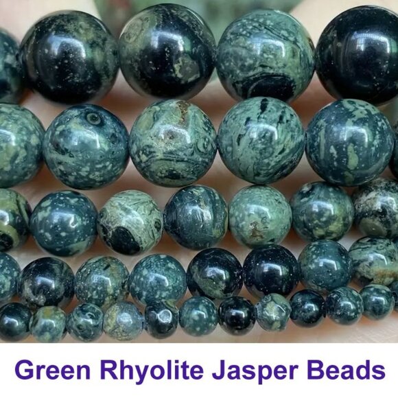Green Rhyolite Jasper  15" Strand - Picture 1 of 3